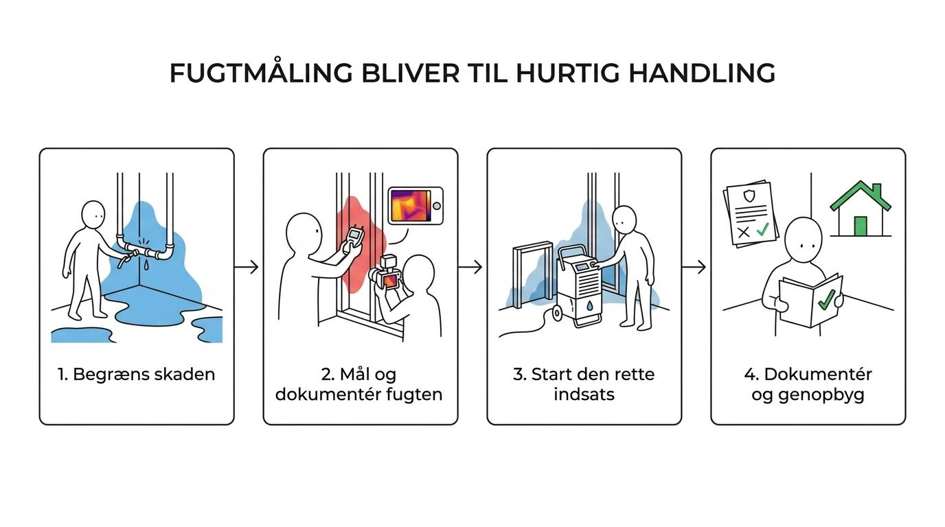 Flowdiagram over Thors Skadeservices forløb fra akut skadebegrænsning og fugtmåling til affugtning, forsikringsdialog og genopbygning.