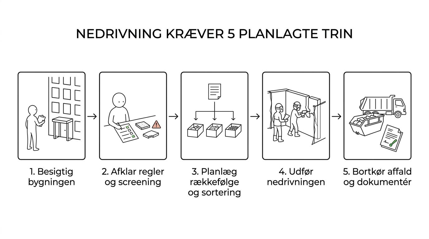 Fem trin i et nedrivningsforløb i Tårnby fra besigtigelse og regelafklaring til nedrivning, bortkørsel og dokumentation.
