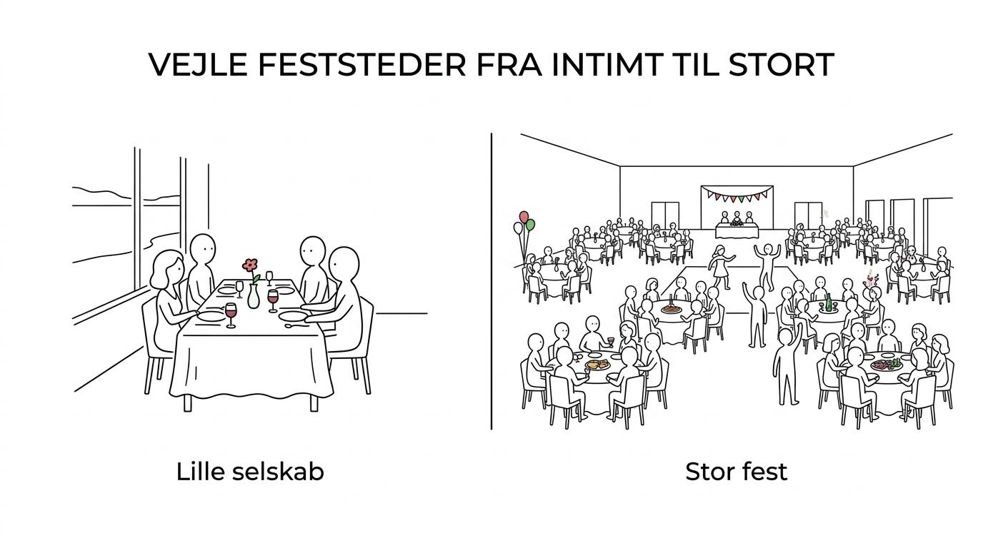 Sammenligning af fire bryllupssteder i Vejle med forskellig beliggenhed og kapacitet.
