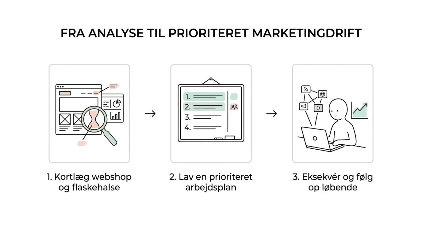 En trinvis proces fra forståelse af webshop og flaskehalse til prioriteret arbejdsplan, eksekvering på kanaler og løbende opfølgning.