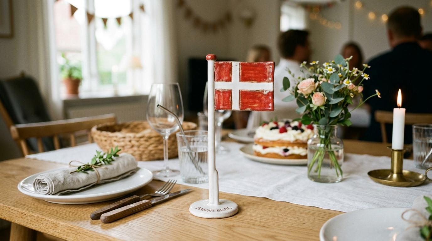 Et lille keramikbordflag med Dannebrog på et dækket festbord med tallerkener, blomster og lys.