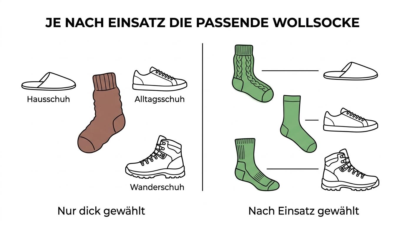 Side-by-side comparison of three men’s wool sock types: classic wool hut socks, trekking socks with wool blend, and thinner merino socks, each matched to typical use cases.