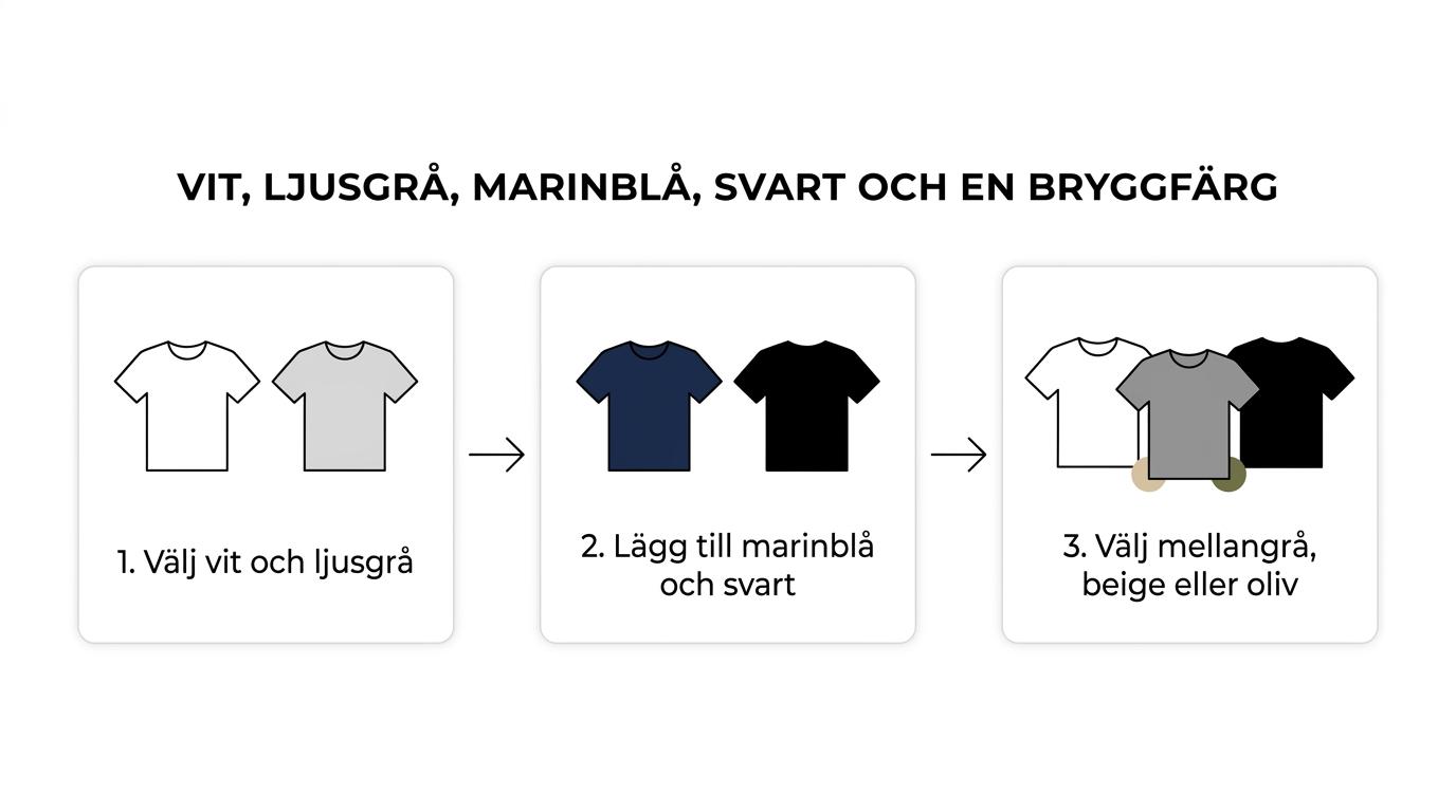 Tre steg för en liten t-shirtrotation med två ljusa färger, två mörka och en bryggfärg.