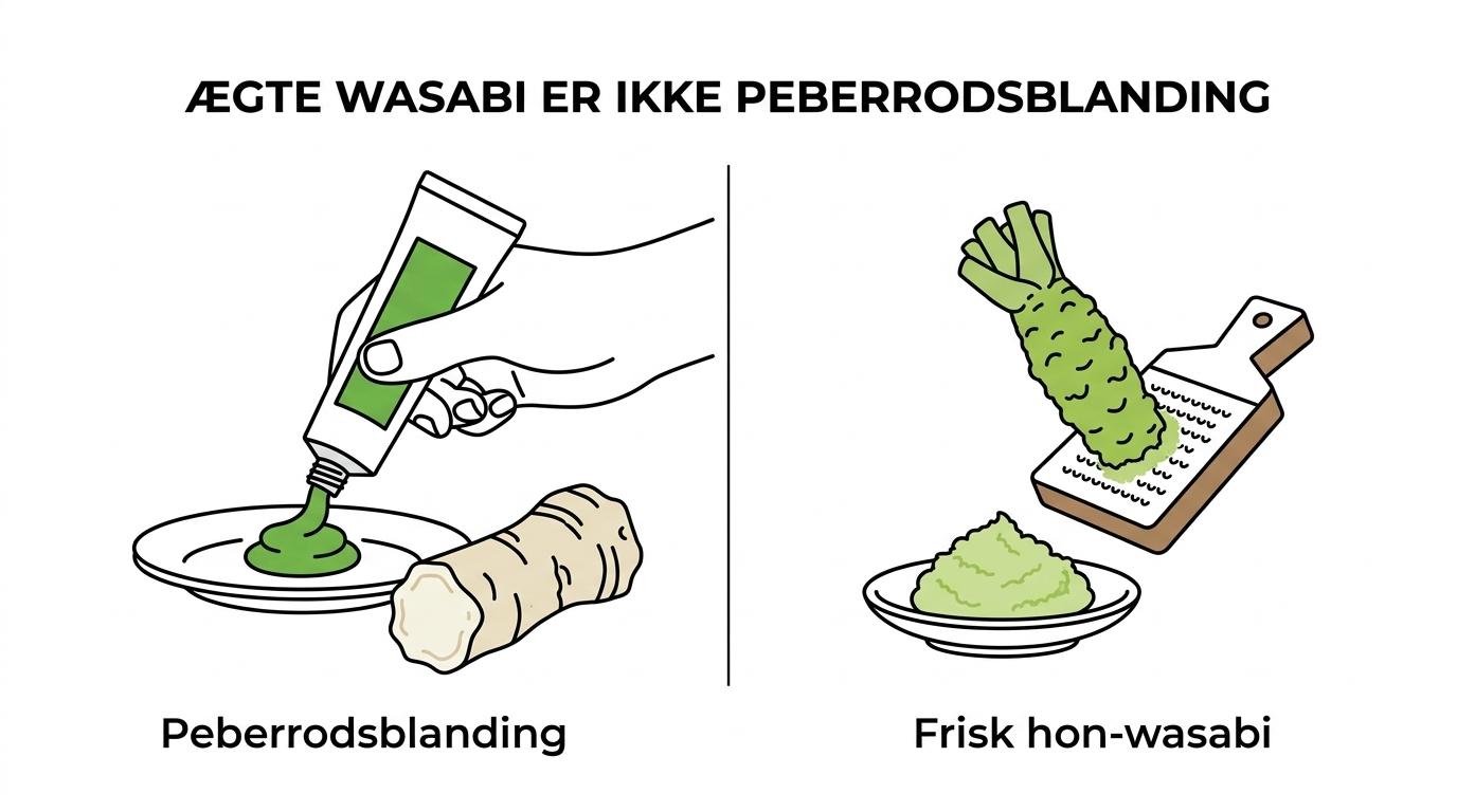 Side-om-side sammenligning af ægte hon-wasabi og almindelig wasabi-blanding med forskelle i råvare, smag, aroma, pris, tilgængelighed og brug.