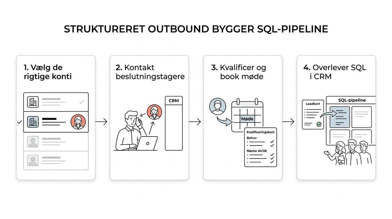 Diagram af en B2B outbound-proces fra segmentering og kontakt til kvalificering, mødebooking og SQL-pipeline.