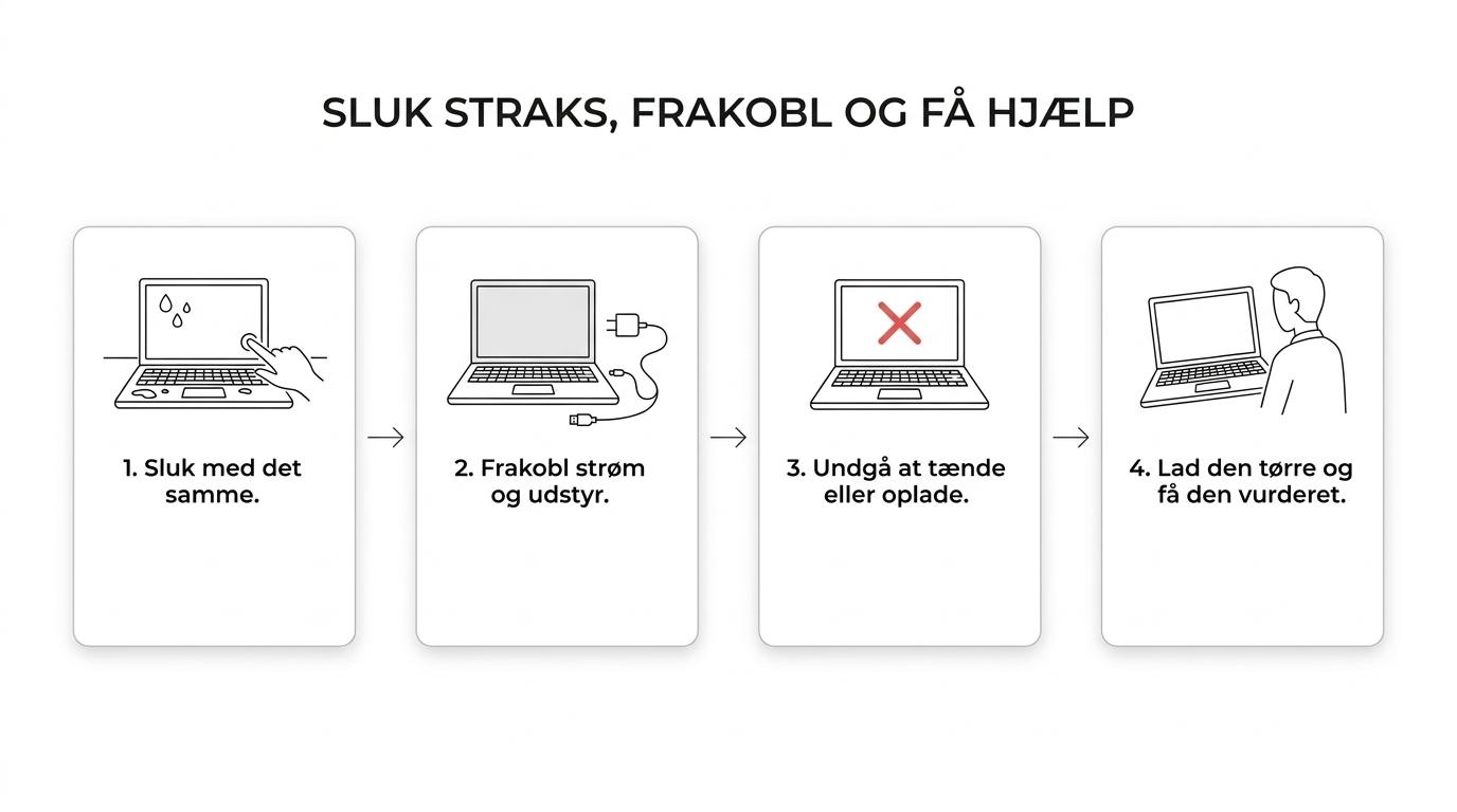 Trinvis illustration af en computer med væskeskade: sluk, frakobl strøm, undgå opladning og få den vurderet lokalt.