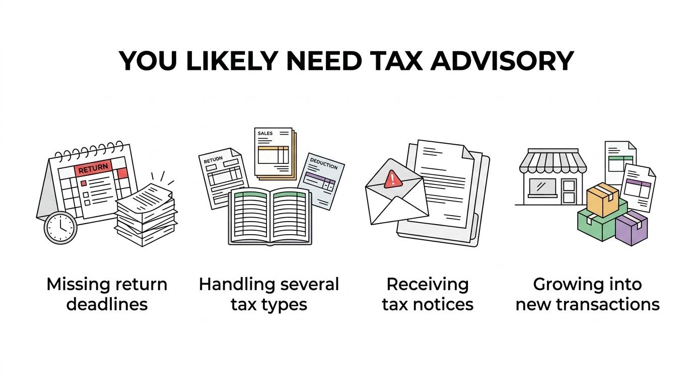 A visual checklist showing nine warning signs that a Pakistani business needs tax advisory, including missed filings, sales tax uncertainty, withholding confusion, mismatched reconciliations, growth, notices, single-person dependency, cross-border transactions, and low management visibility.
