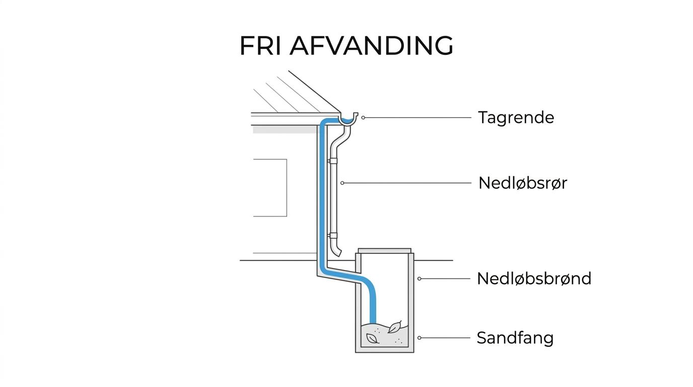Illustration af et hus med regnvandets vej fra tag til tagrende, nedløbsrør og nedløbsbrønd, med markeringer af typiske steder for blade, slam og tilstopning.