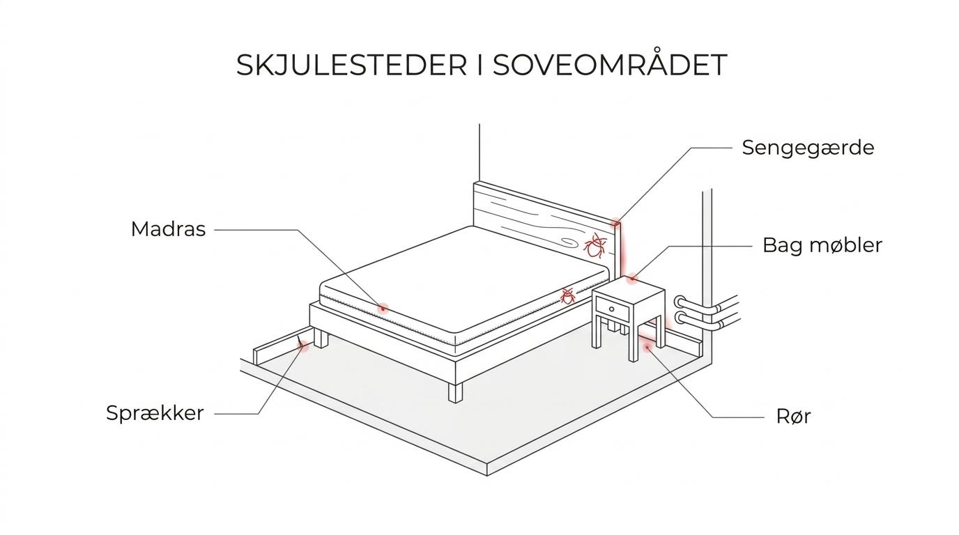Mærket oversigt over en seng og et værelse med typiske skjulesteder for væggelus som madrassømme, sengegærde, paneler, møbler og bagage.