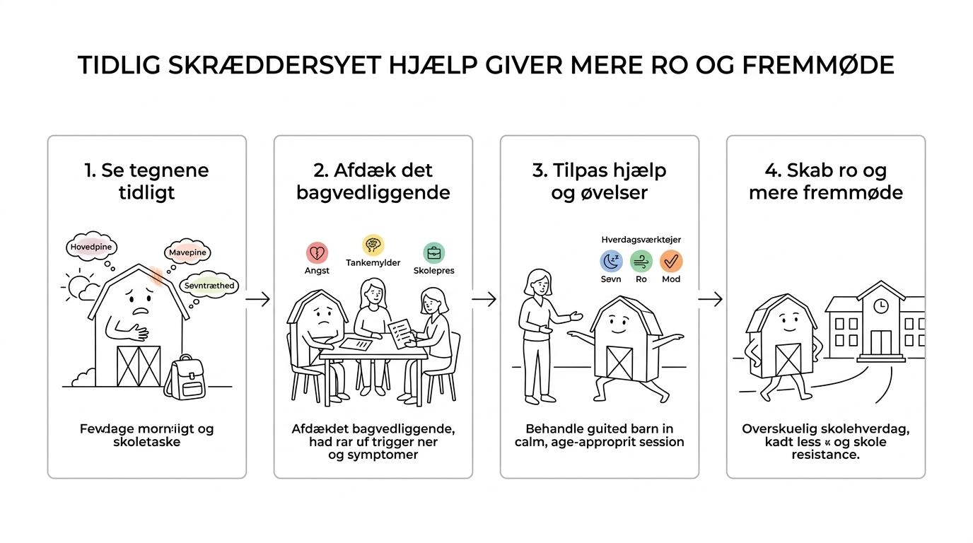 Flow, der viser tidlige tegn på skolevægring, afdækning af årsager, tilpasset hypnoseforløb og mere ro i skolehverdagen.