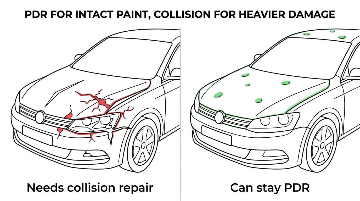 Side-by-side comparison of hail damage repaired with paintless dent repair versus hail damage needing collision and body work.
