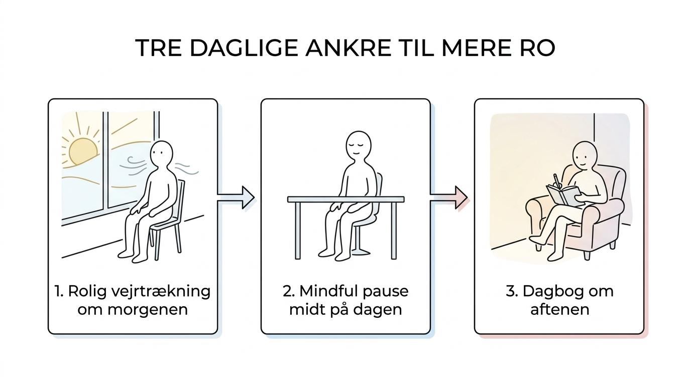 En enkel dagsrutine med tre følelsesregulerende ankre: rolig vejrtrækning om morgenen, en mindful pause midt på dagen og afslapning eller dagbog om aftenen.