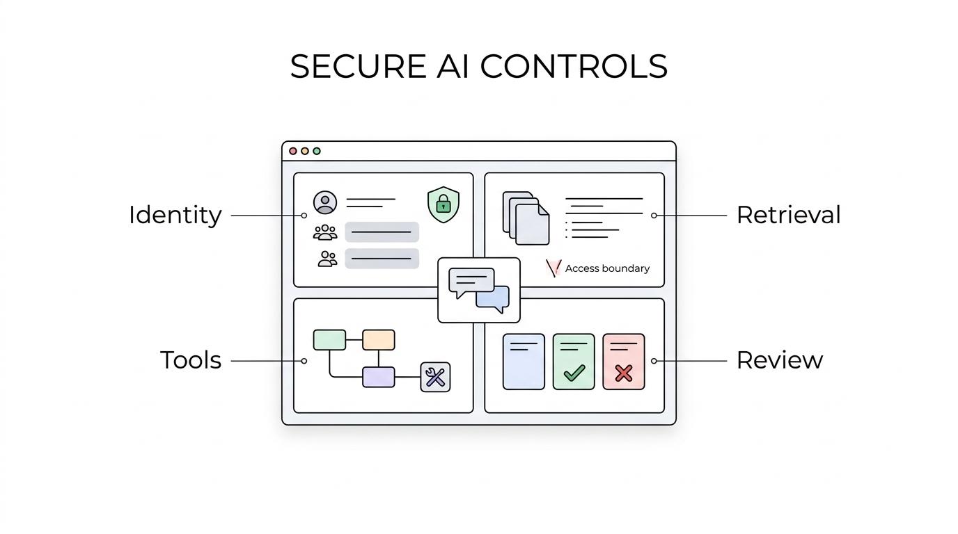 Diagram of a secure internal AI chatbot platform with labeled parts for identity, retrieval, model controls, tool actions, logging, deployment, and human review.