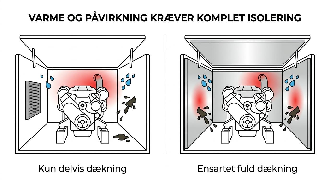 Sammenligning af en mindre aluminium-beklædt lyddæmpningsplade og en mere robust olie- og vandtæt motorrumsisolering til bådmotor.