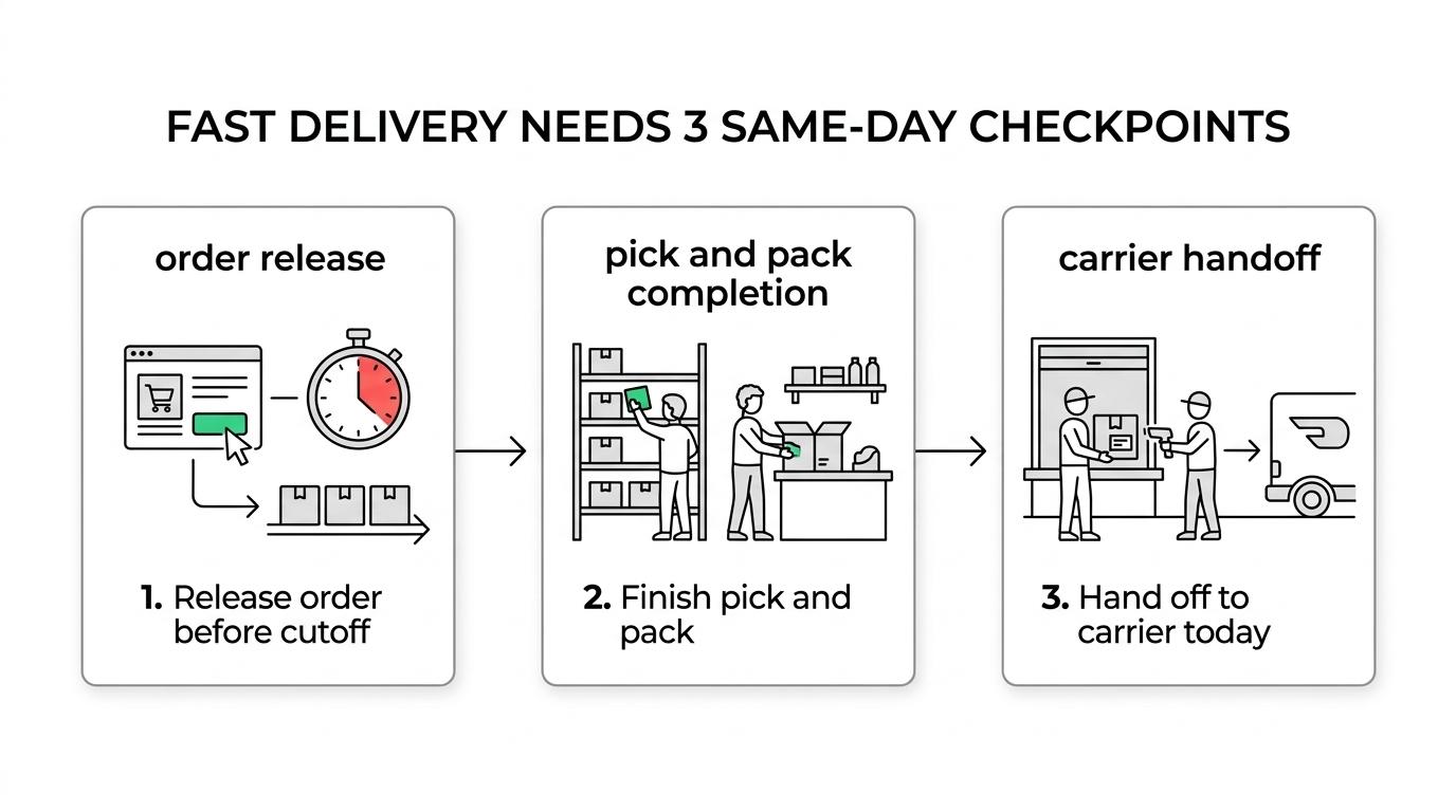 Process diagram showing an ecommerce order moving through order release, inventory confirmation, picking, packing, label printing, carrier handoff, and shipment.