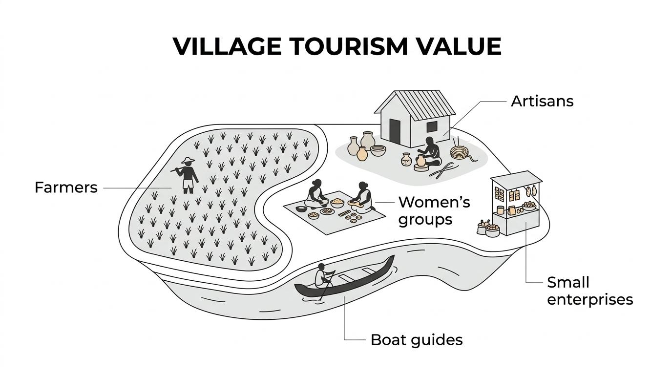 A labeled breakdown of Kerala village tourism showing how one village experience connects travelers with farmers, artisans, women’s groups, boat operators, guides, and small local enterprises.
