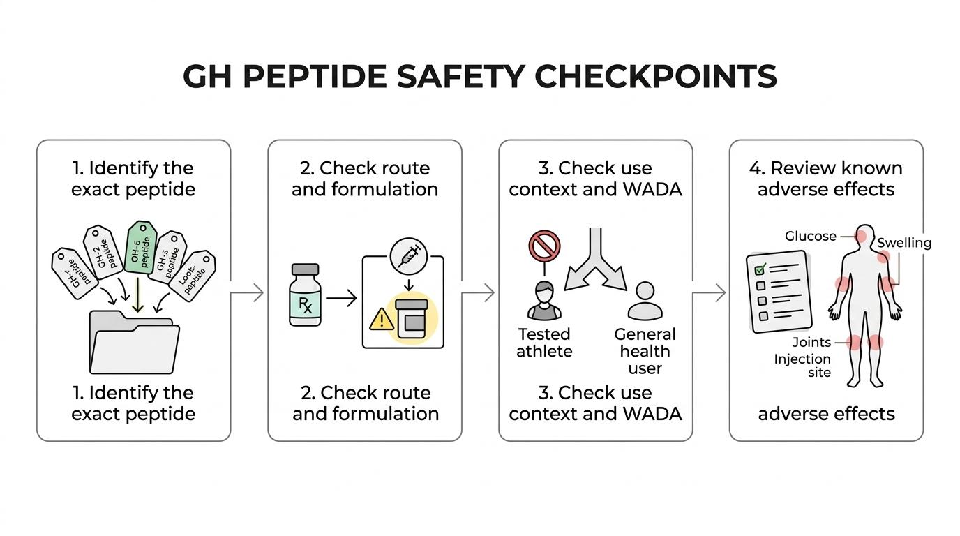 Step-by-step flow showing how to screen a growth hormone peptide by identity, compounding status, route, formulation, FDA flags, WADA status, and adverse effects.