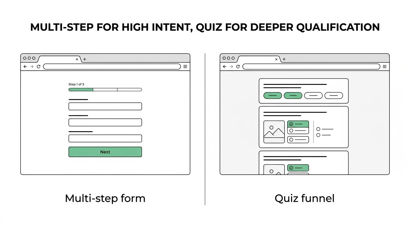 Confronto diretto tra un modulo in più fasi e un percorso a quiz, che mostra le differenze in termini di intento, livello di qualificazione, velocità e casi d'uso ottimali.