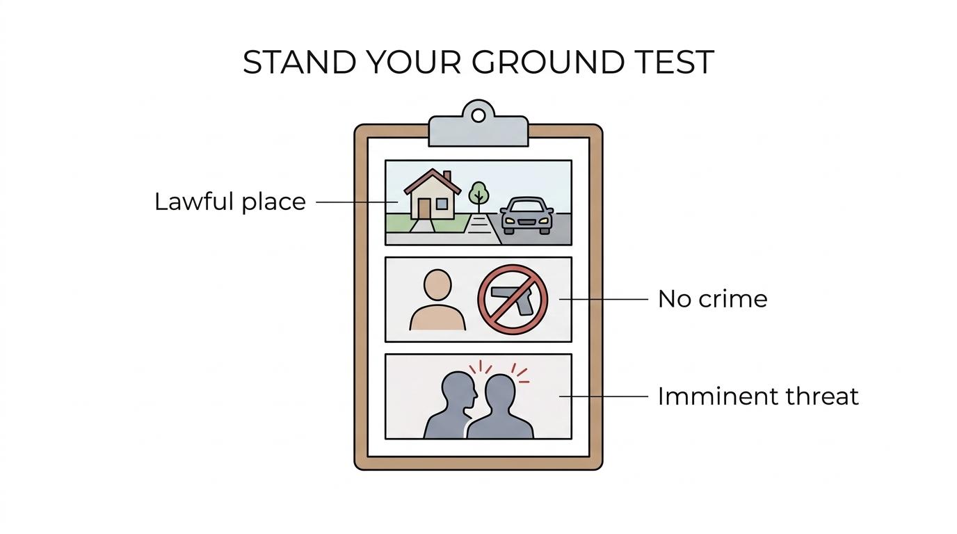 Labeled diagram of Michigan stand your ground law showing lawful presence, no criminal activity, and different threat thresholds for deadly versus non-deadly force.