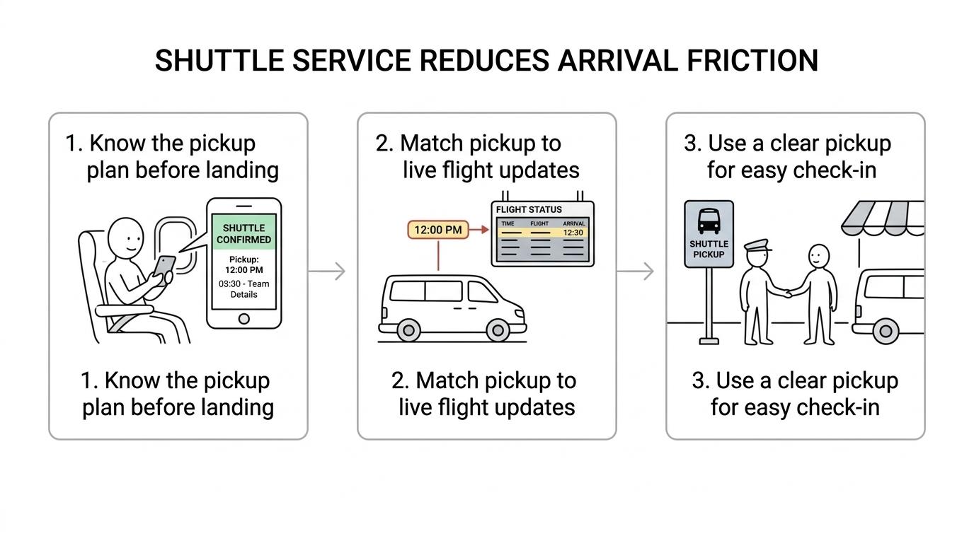 Four-step process showing pre-arrival ride instructions, flight tracking, airport pickup, and smooth hotel check-in.