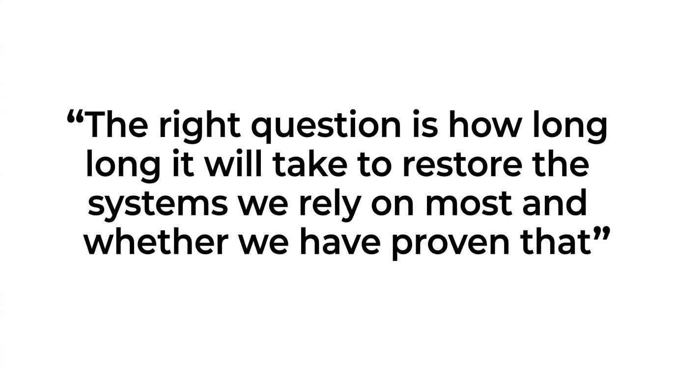 Highlighted quote asking how long key systems take to restore and whether that has been proven.