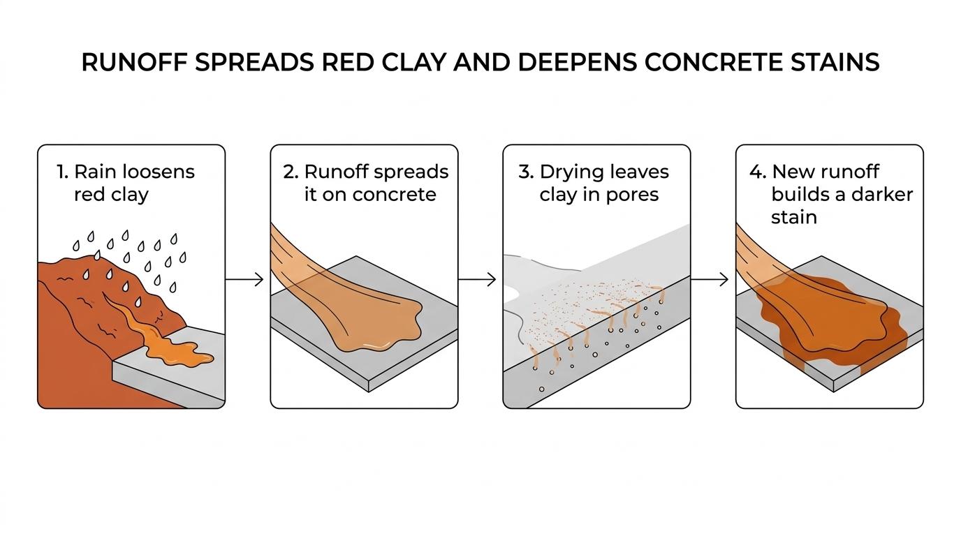 Why Red Clay Stains Spread Fast on Concrete Driveways 1 Step-by-step diagram showing rain loosening red clay, muddy runoff flowing across a sloped concrete driveway, fine particles settling, and orange stain sinking into concrete pores.