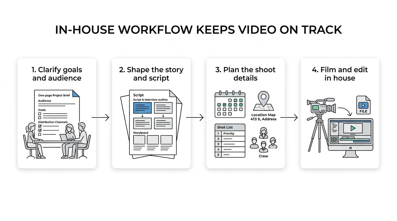 Four-step corporate video workflow showing discovery, scripting, production planning, and filming with post-production delivery.