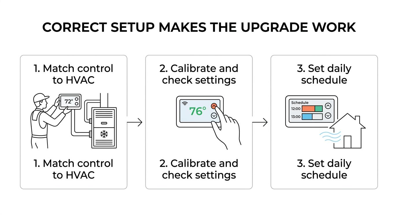 Step-by-step diagram showing HVAC system check, thermostat installation, calibration, schedule setup, and homeowner guidance.