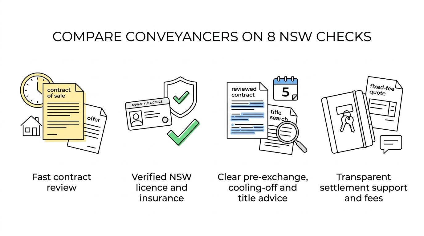 Eight labeled comparison points for NSW conveyancers: contract review speed, licence, insurance, pre-exchange advice, cooling-off guidance, title checks, settlement support, and fee clarity.