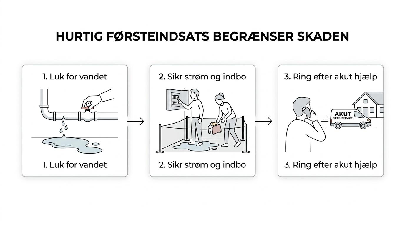 Trinvis oversigt over de første handlinger efter en akut vandskade: stop vandet, afbryd strømmen, flyt udsatte ting, fjern synligt vand og dokumentér skaden.