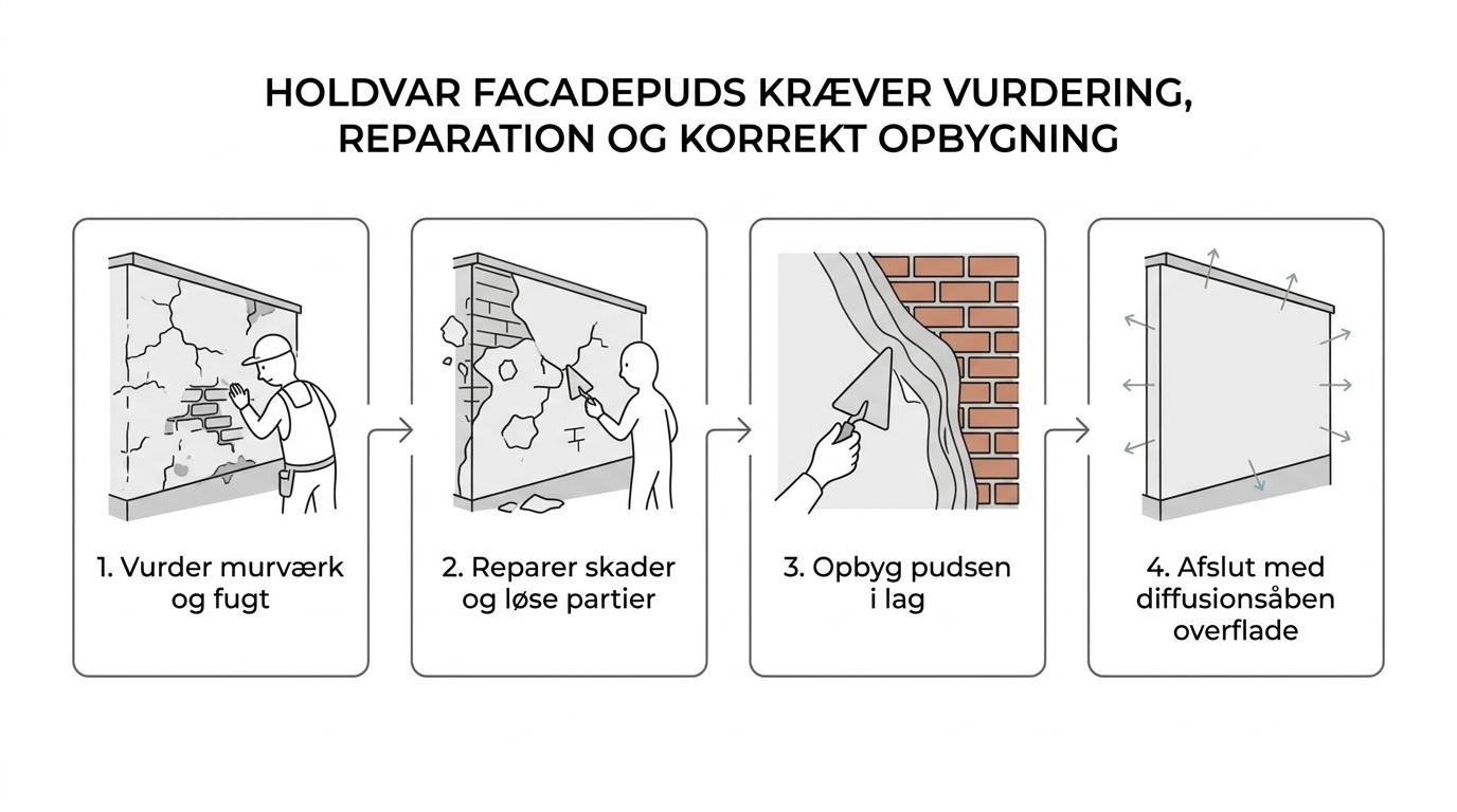 Trinvis illustration af facadepudsning fra kontrol af murværk til reparation, pudslag og færdig facade.