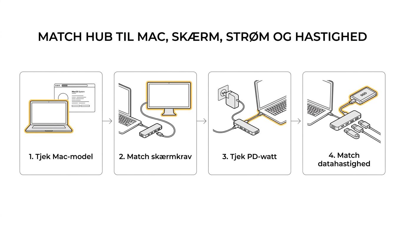 Et trin-for-trin flow, der viser hvordan man vælger en USB-C hub til MacBook ud fra Mac-model, skærm, opladning og datahastighed.