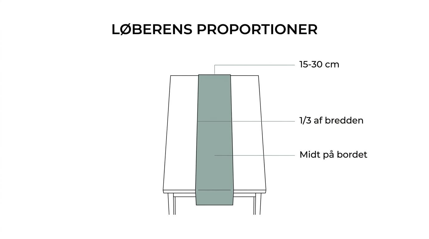 Rektangulært spisebord med en centreret juleløber markeret med cirka en tredjedel af bordets bredde og 15–30 cm overhæng i begge ender.