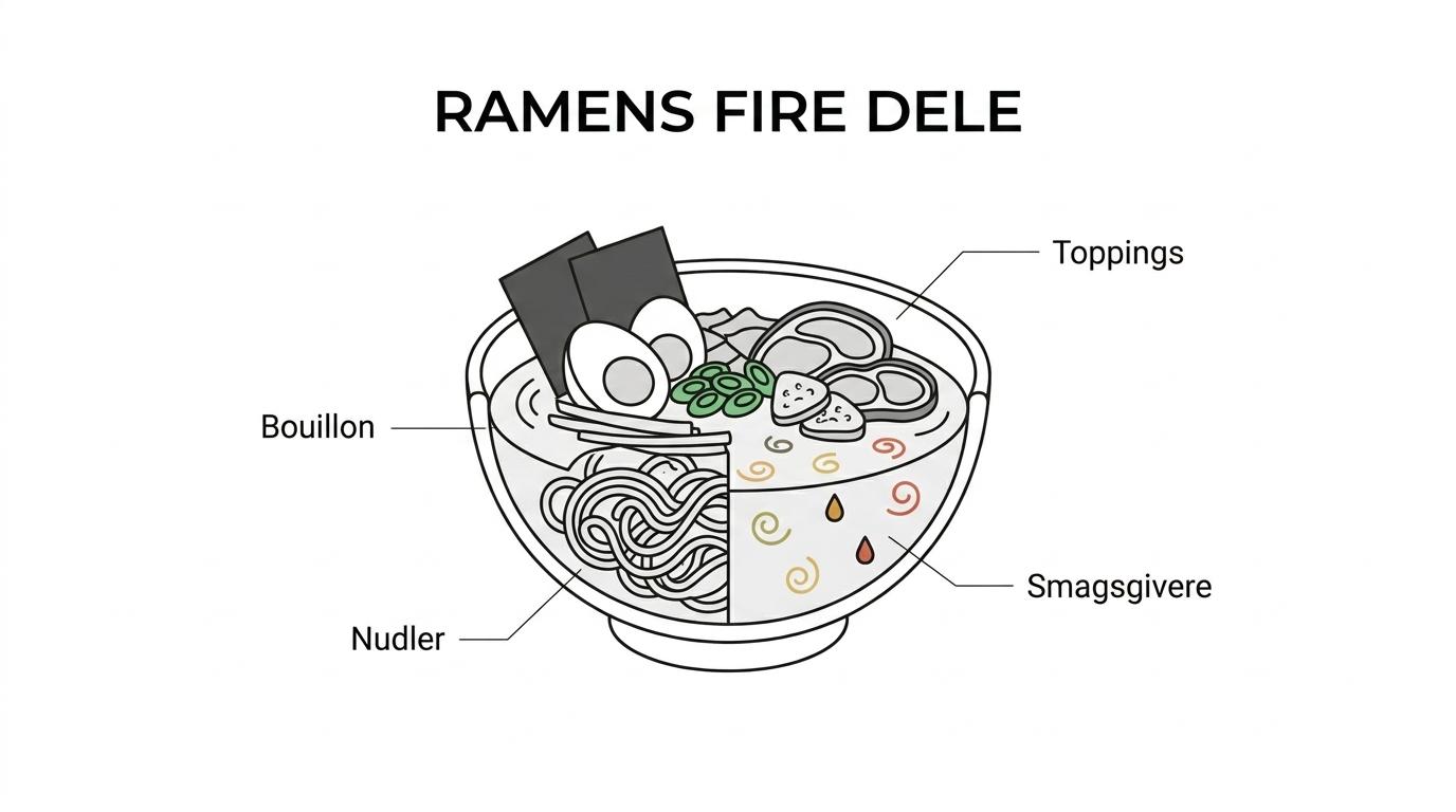 En skål ramen med etiketter for bouillon, nudler, toppings og smagsgivere.