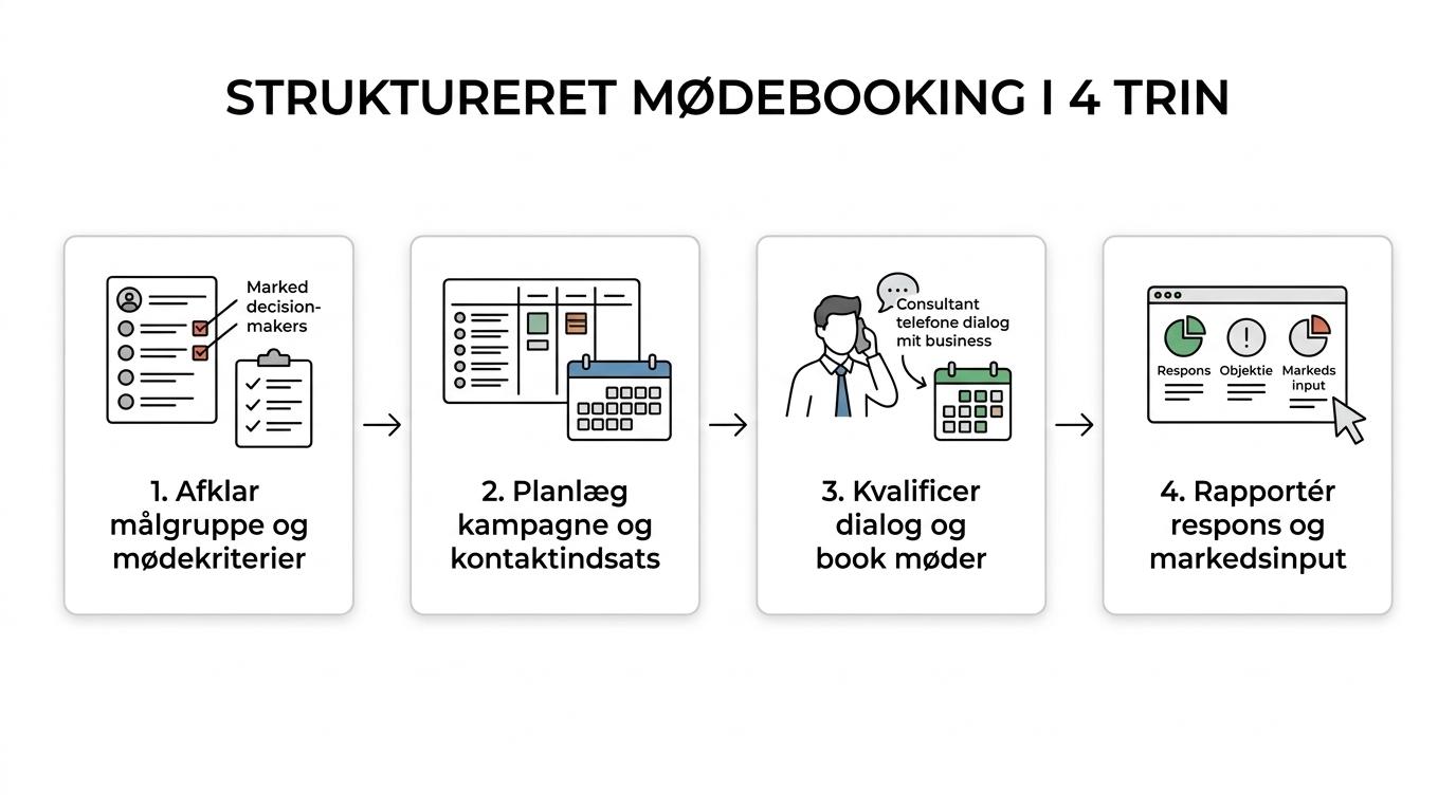 Illustration af en firetrinsproces for B2B-mødebooking fra målgruppe og planlægning til booking og daglig rapportering.