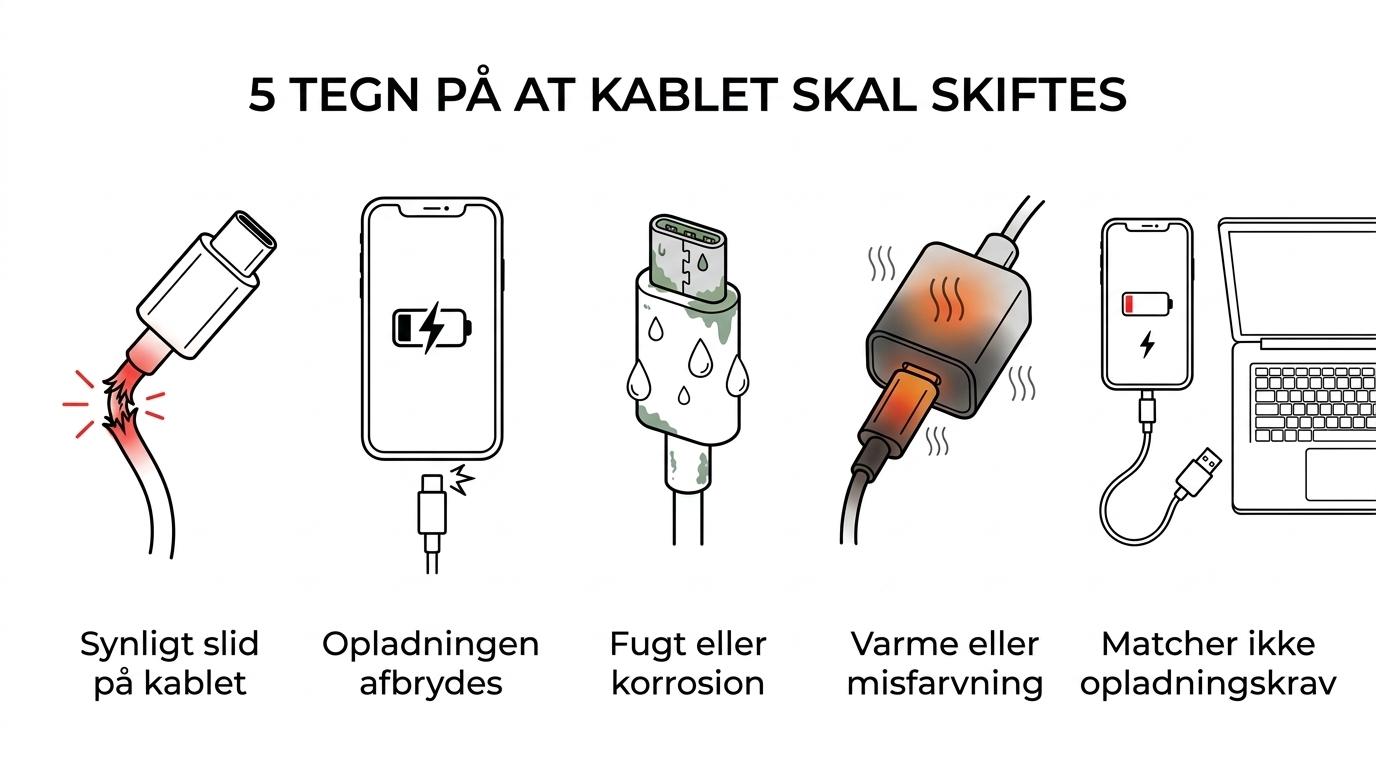 Grafik med fem faresignaler for at udskifte et USB-C-kabel eller en oplader: slid, afbrydelser, fugt, varme og for lav effekt.
