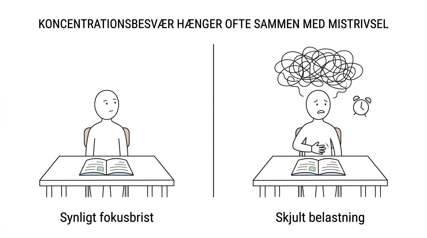 Side-by-side sammenligning af koncentrationsbesvær hos unge: hvordan det kan se ud i skolen, og hvilke underliggende belastninger det ofte hænger sammen med.
