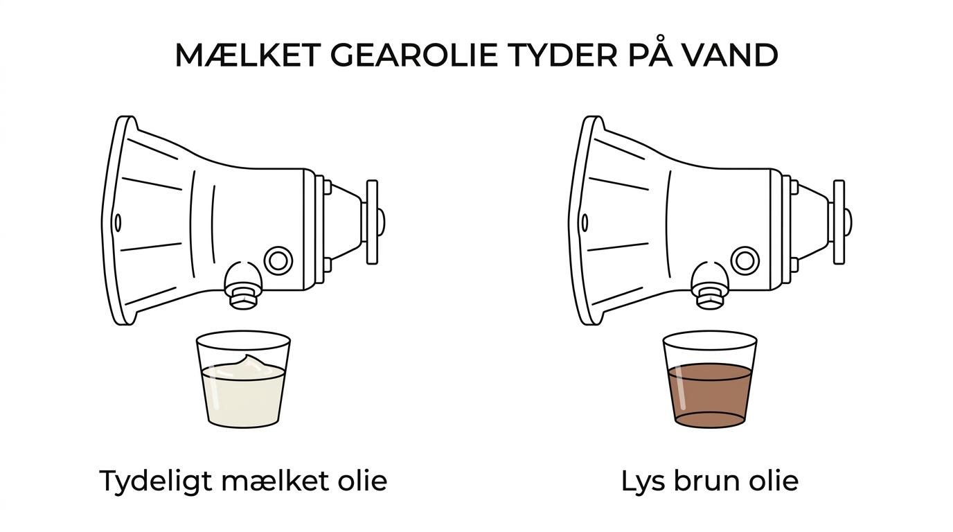 To gearolieprøver side om side: én lys chokoladebrun efter brug og én tydeligt mælket og cremefarvet ved vandindtrængning.