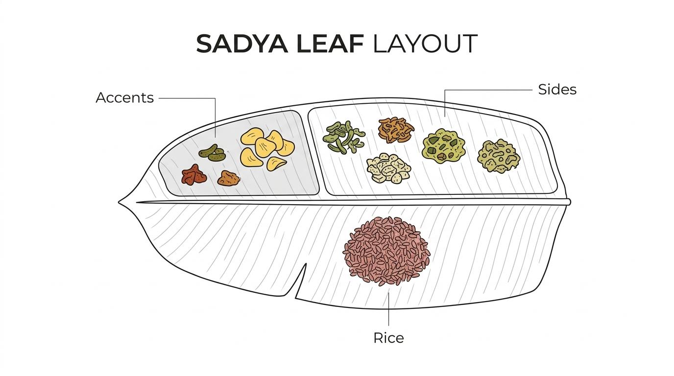 Labeled banana leaf sadya layout showing rice at the lower center and side dishes arranged across the upper half.