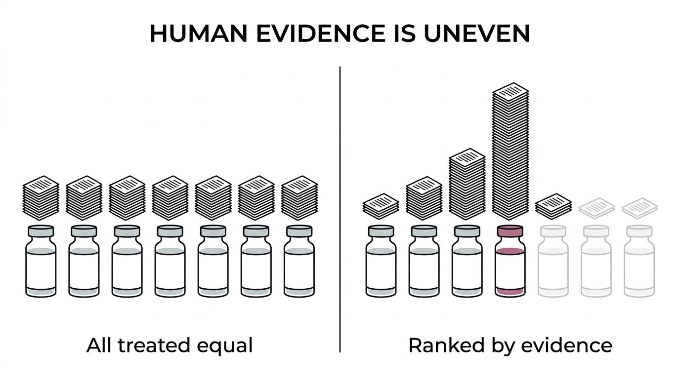 Side-by-side comparison of cognition peptides showing cerebrolysin with the strongest human evidence, semax and selank with limited human data, and dihexa as preclinical-only.