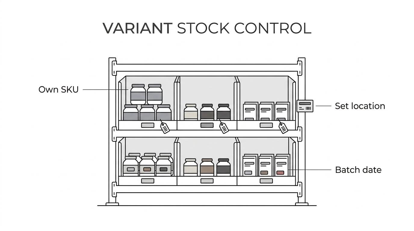 Diagram of a supplement fulfilment system with one product linked to SKU, location, batch, expiry, bundle, and brand controls.