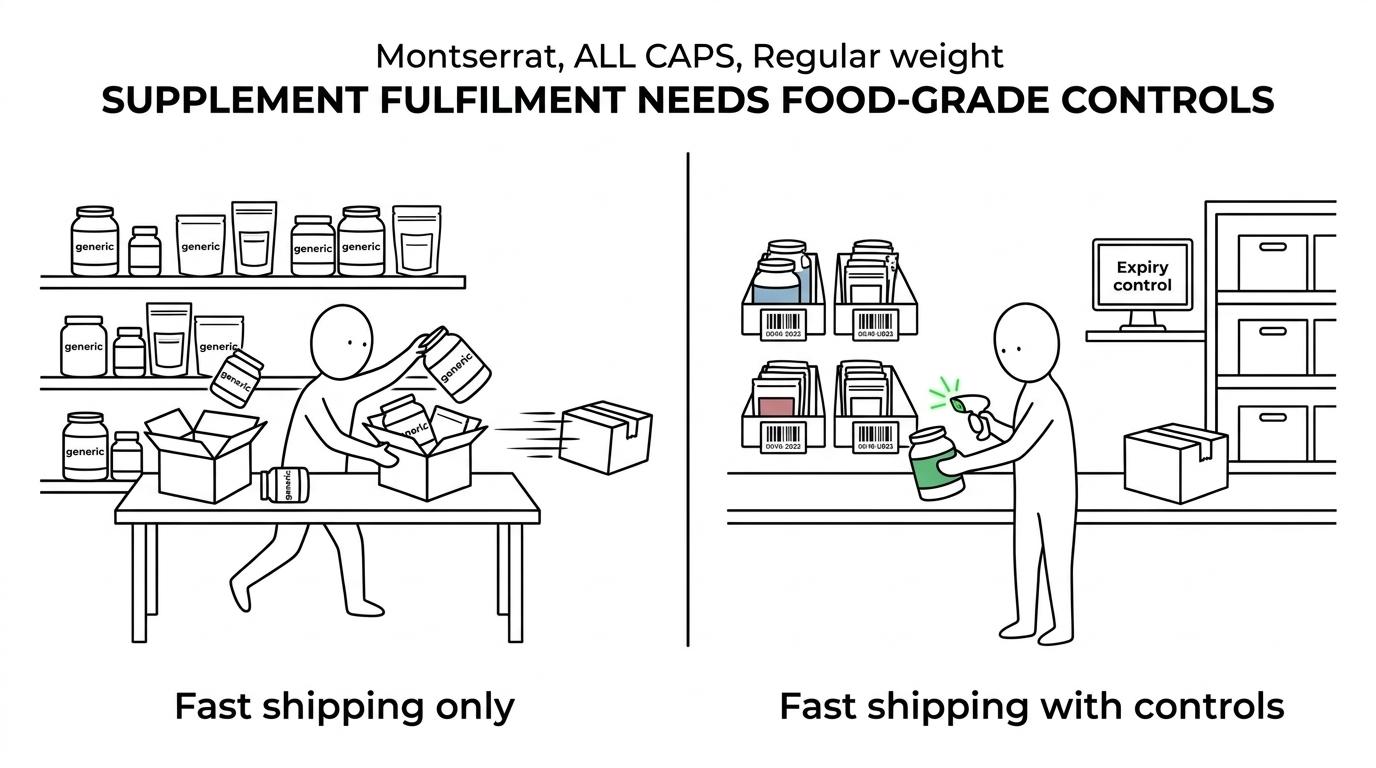 Side-by-side comparison of a generic eCommerce warehouse and a supplement-focused 3PL, showing differences in traceability, expiry control, labelling, storage discipline, hygiene and recall readiness.