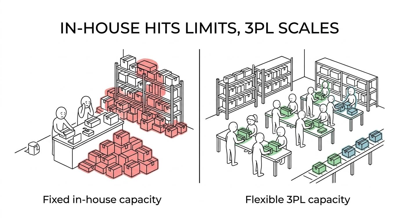 Side-by-side comparison of a strained in-house warehouse during an influencer sales spike and an organised 3PL fulfilment operation handling high order volume.