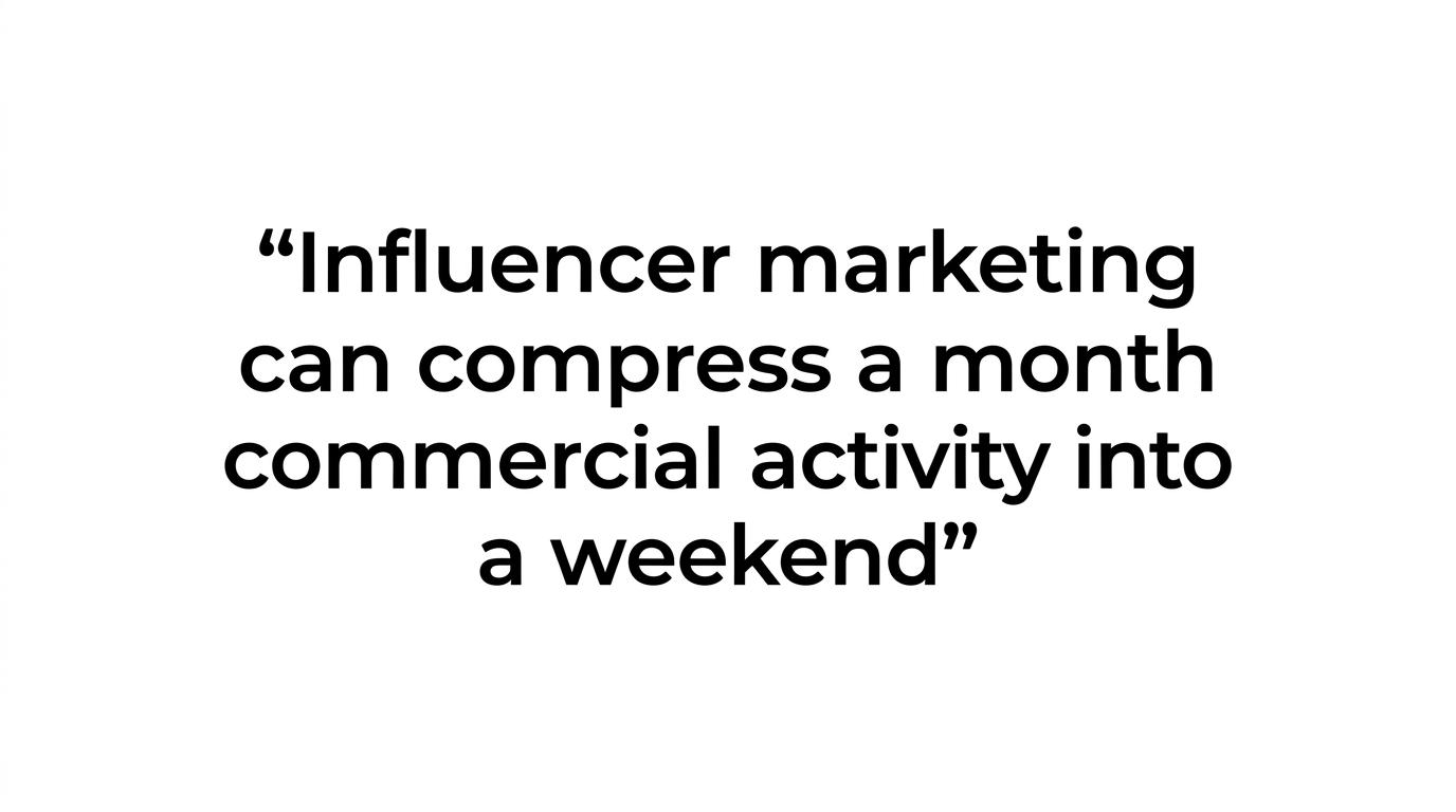 A quote highlight featuring the line about influencer marketing compressing a month of activity into a weekend.