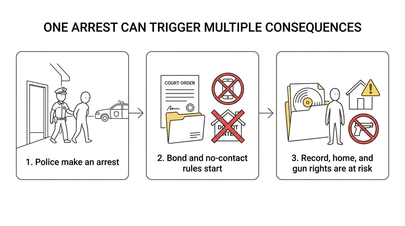 Flowchart showing how a Haslett domestic violence arrest can lead to bond restrictions, criminal charges, PPO issues, firearm concerns, and impacts on work and housing.