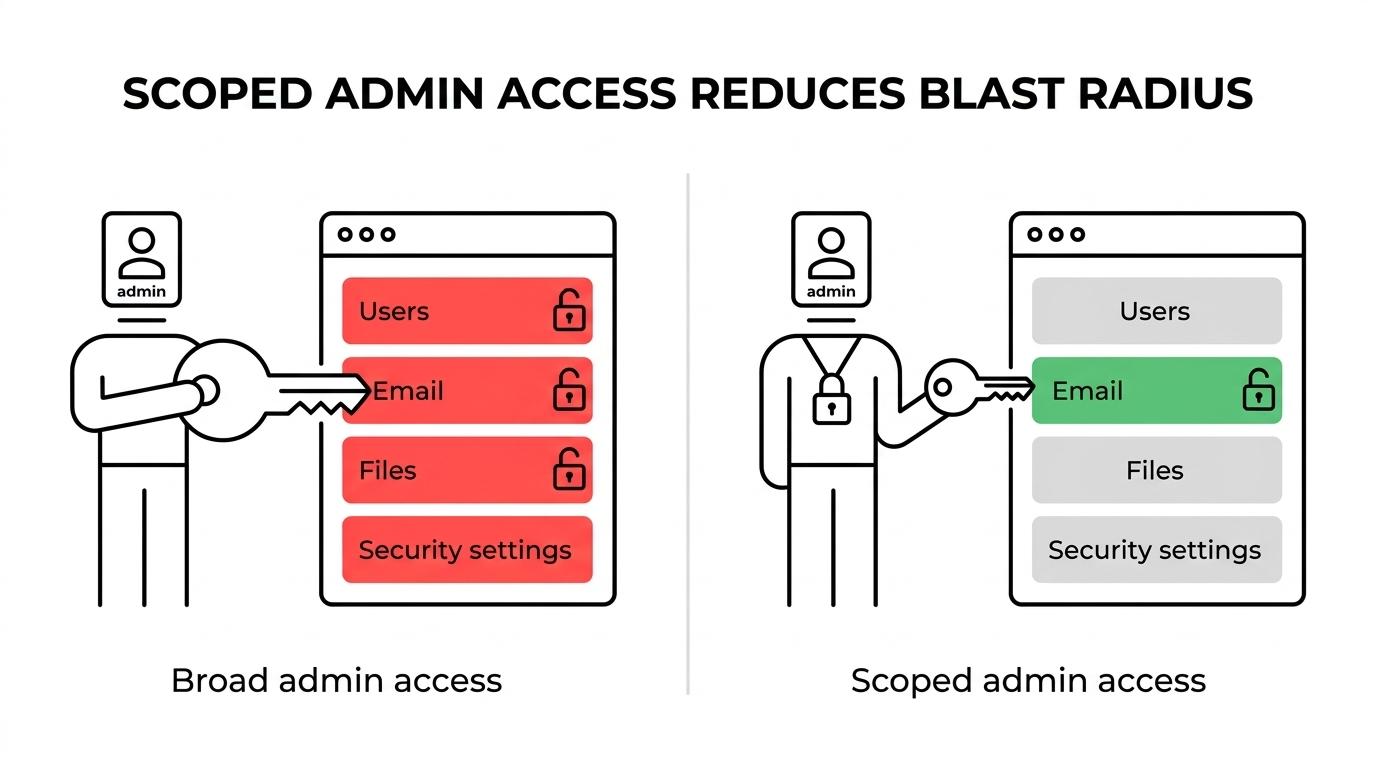 Side-by-side comparison of broad Global Administrator access versus least-privileged Microsoft 365 roles with time-bound elevation and MFA.