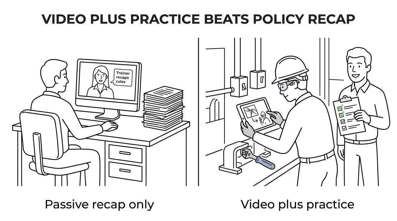 Side-by-side comparison of four safety training approaches, from a person reading rules on camera to a blended program with filmed demos, quizzes, supervisor review, and hands-on practice.