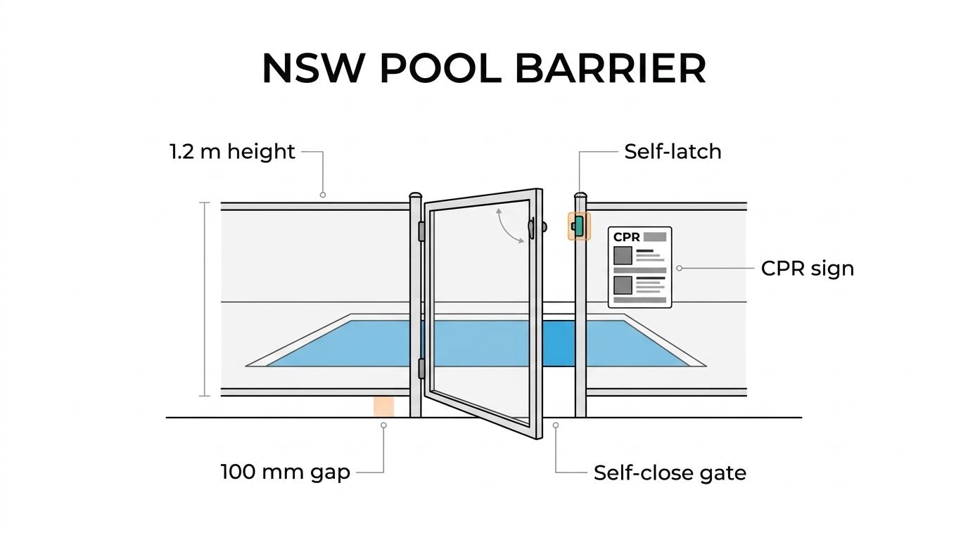 Labeled pool fence showing barrier height, bottom gap, self-closing gate, latch, non-climbable zone, and CPR sign.