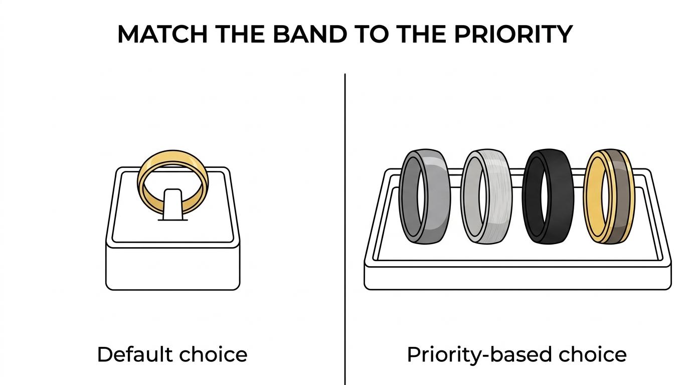 Side-by-side men’s wedding bands in tungsten, titanium, black zirconium, and mixed metal, comparing durability, weight, finish, and personality.