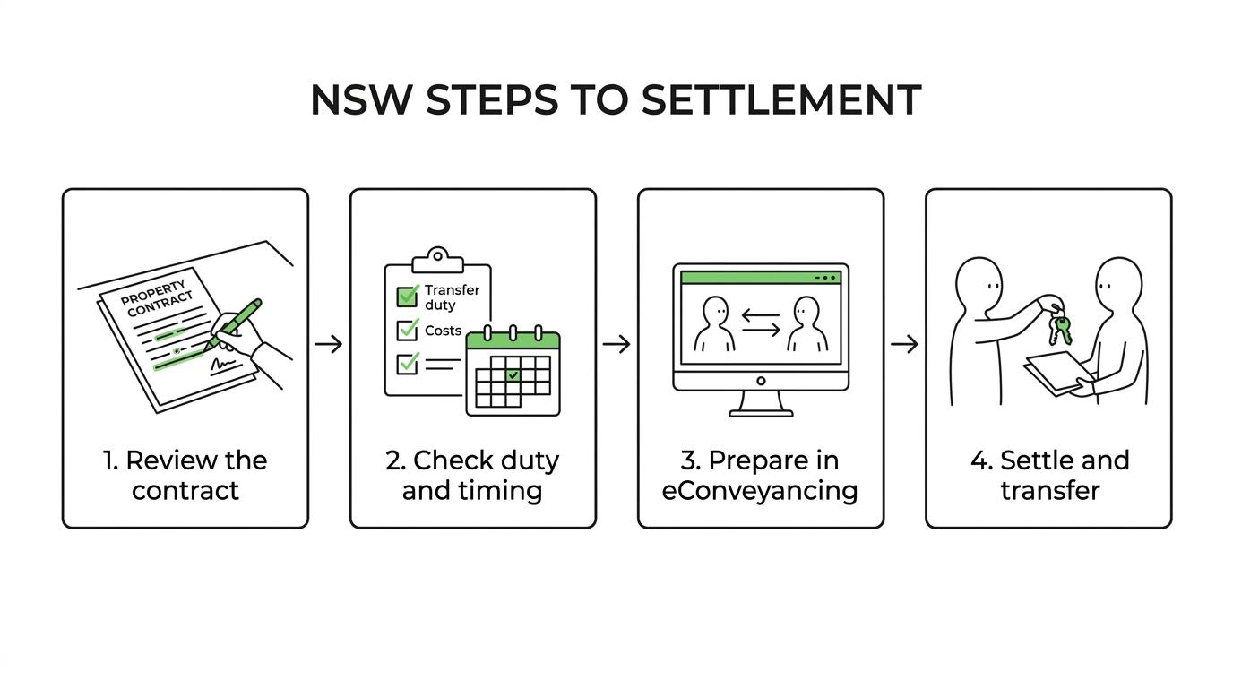 Illustrated NSW conveyancing process showing contract review, legal and duty checks, eConveyancing coordination, and final settlement for a Maitland property transaction.